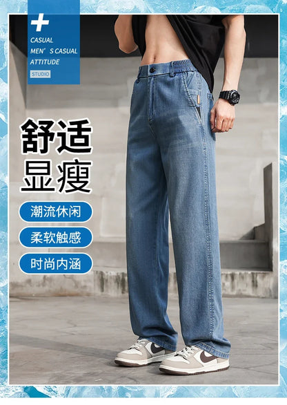 Thin Light Men's Summer Jeans Straight Fit Lyocell Denim Pants Male Elastic Elegant Casual New Style Stretch Relaxed Fit Telaxed