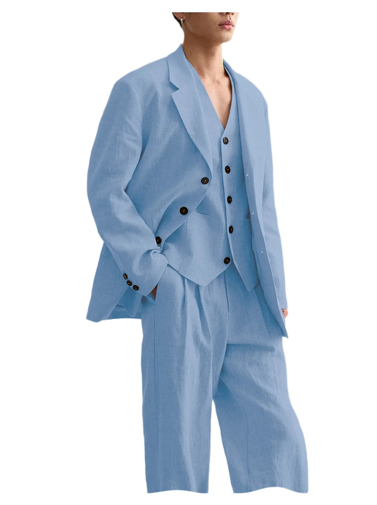 Men's Linen Suit Classic Notch Lapel 3 piece(Blazer+Vest+Pants)Breathable Wide Leg Trousers for Groom Spring Summer Party