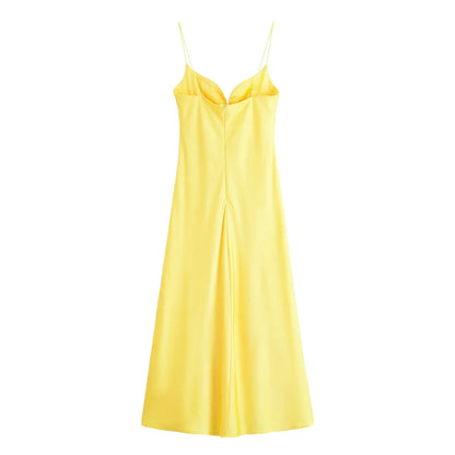 2025 Women Red V-Neck Holiday Style Satin Texture Long Dress Sleeveless Summer Women's Back Zipper Fashion Sling Dresses