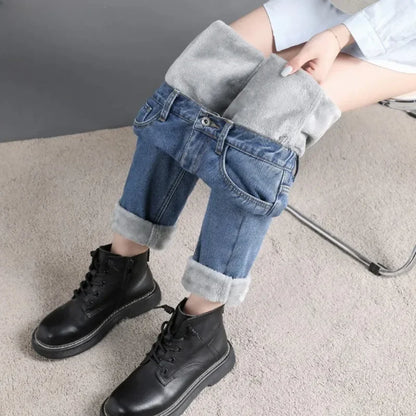 Winter Warm Slim Jeans Ladies Casual Denim Pencil Pants Thick Velvet Women Jeans High Waist Skinny Straight Jeans Fleece
