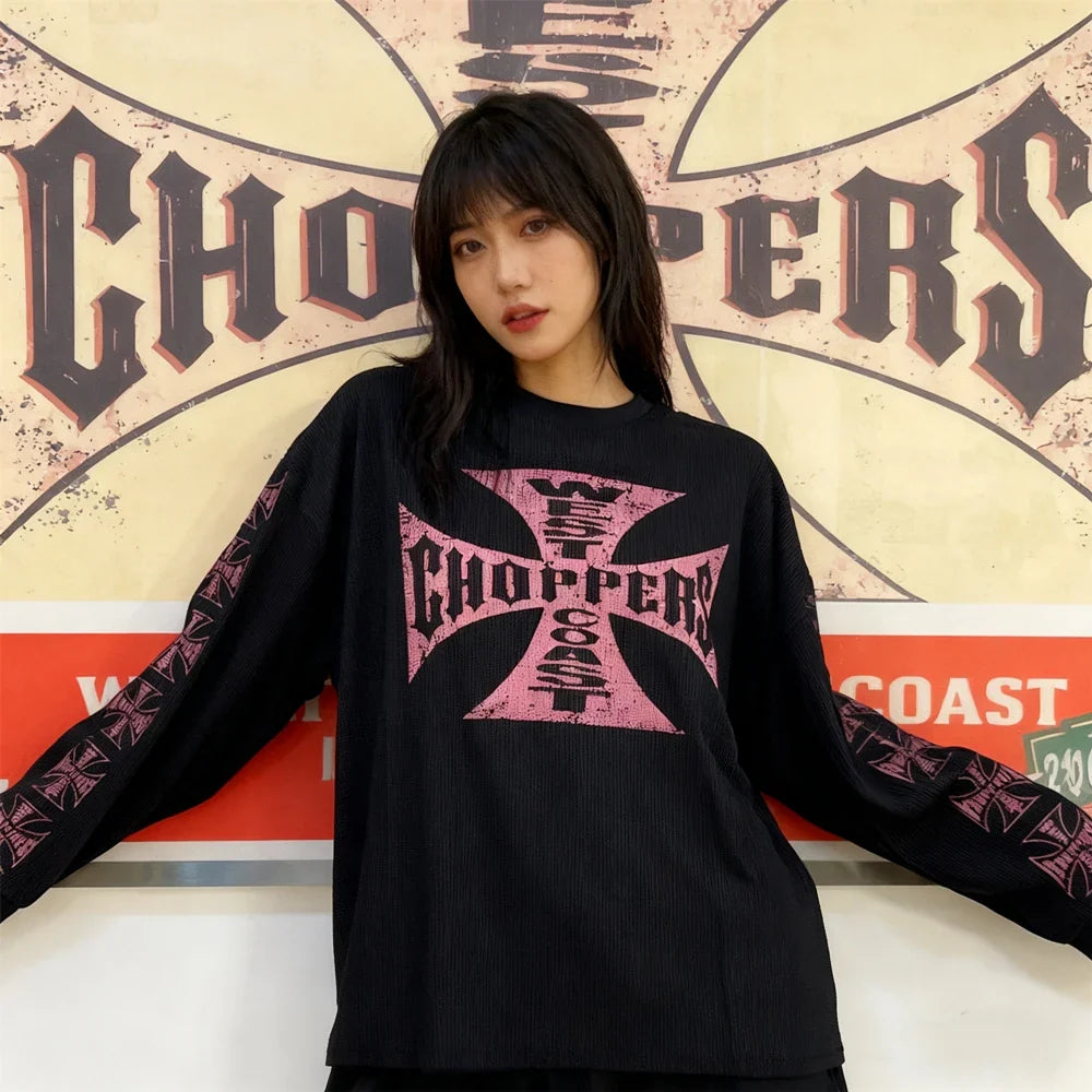 American Style Streetwear Quality Waffle Fabric Printed Tops Oversized Long Sleeves Tee 100%Cotton Vintage T Shirt Men Woman