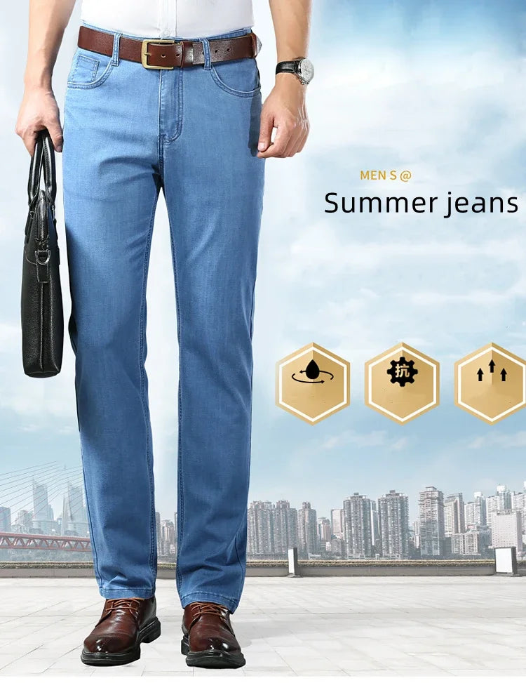 New Ice Silk Thin Denim Jeans for Men Blue Straight Stretch Cotton Denim Pant Business Casual Lightweight Trousers Spring Summer