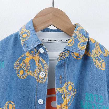 New Summer Boys Denim Clothing Sets Children Fashion Cartoon Bear Coats Shorts 2pcs Tracksuits  Infant Baby Casual Outfits Suits