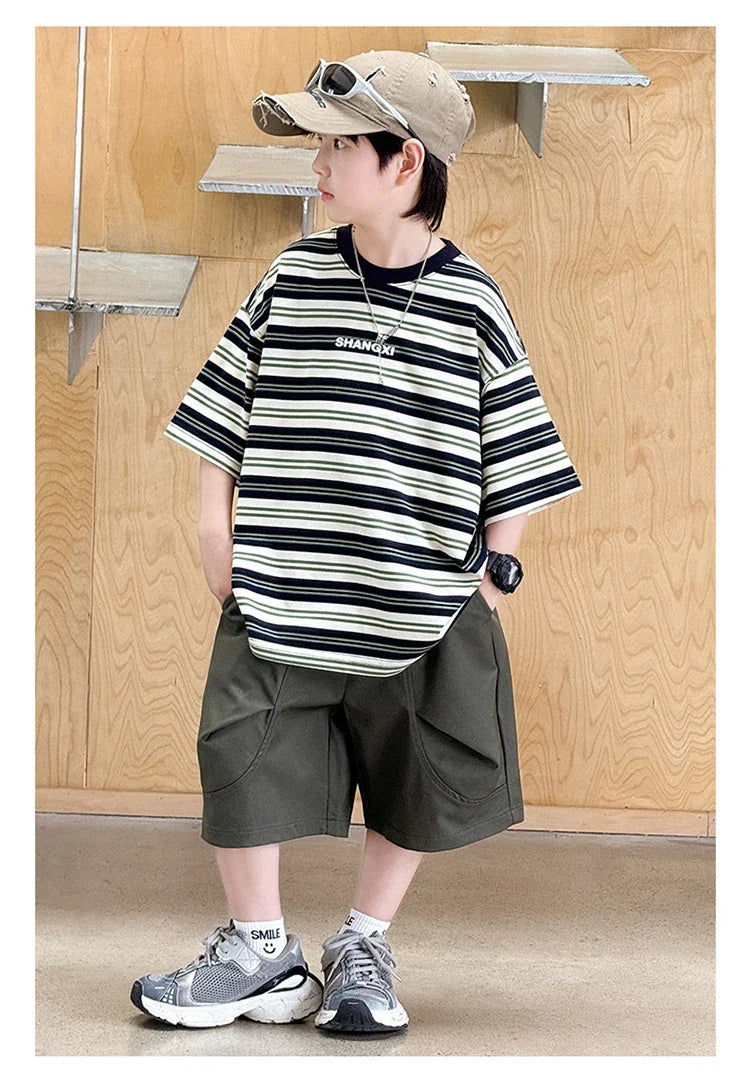 Korean Kids Striped Summer Suit for Boys Top and Bottom Set Children Cotton Short Sleeve T-shirt and Cargo Shorts Clothes Set