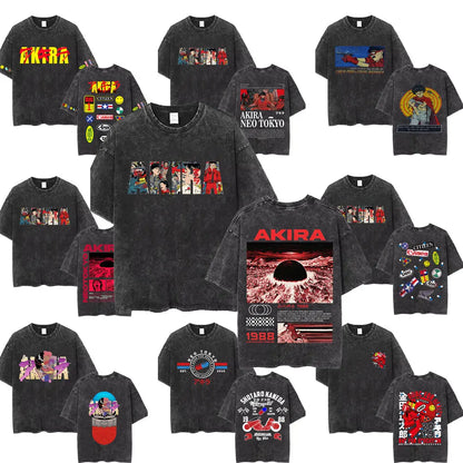 Washed Vintage Anime Akira T Shirts Japanese Science Fiction Cartoon Movie Shotaro Kaneda T-shirt Men's Manga Oversized T-shirts