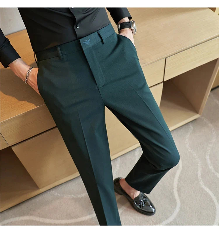 Autumn Mens Fashion Embroidered Trousers Korean Business Dress Solid Suit Pant Formal Office Social Slim Fit Casual Suit Pants