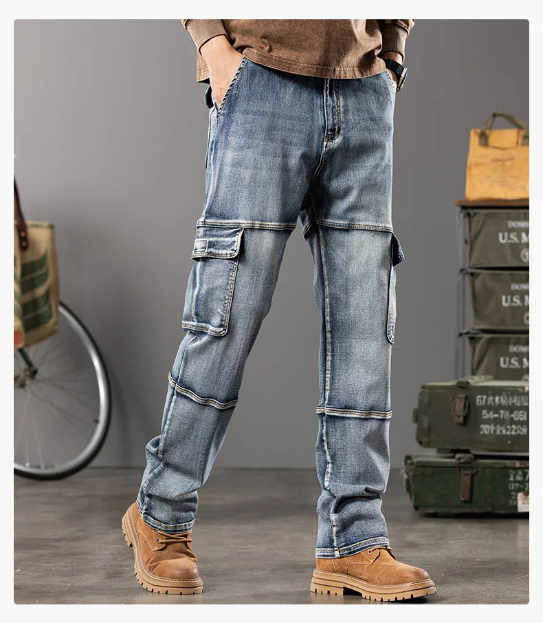 Autumn and winter new styles Men's Outdoor Wide Leg Workwear Multi-Pocket Jeans Straight fit plus size men's jeans  42 44