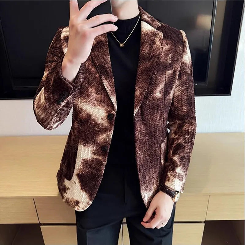 High QualityTie Dye Chenille Men Fashion Casual Suit Jacket Autumn Winter New Korean Slim Fit Social Wedding Suit Blazer
