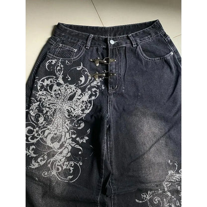 Vintage Printing Baggy Jeans Y2K Harajuku Trend Men and Women Hip Hop Fashion Casual Joker Couple Wide-leg Pants Streetwear New