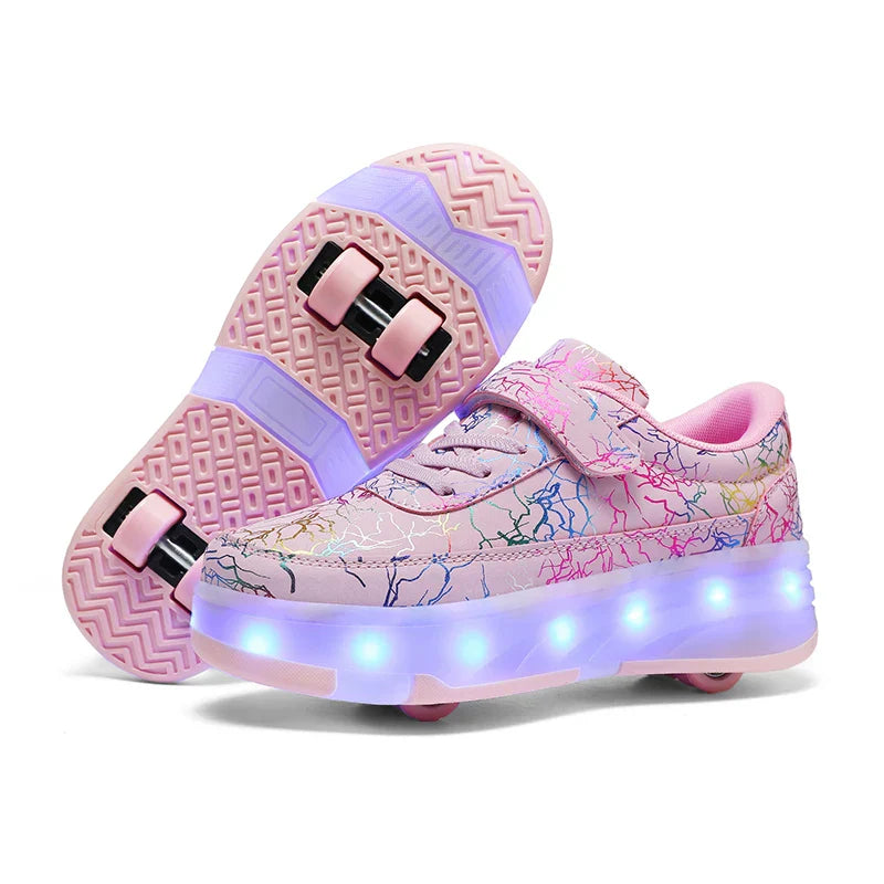 4 Wheel Dual-Use Roller Skates with Detachable Wheels ,Sneakers with LED Boys Girls Shoes with Wheels,Speed Skate Sizes 29-42