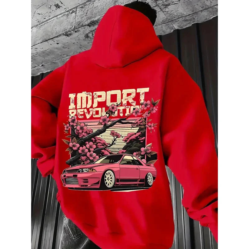 2026 Men's Car Print Hoodie Y2K Streetwear Fashion Hooded Sweatshirt Casual Comfortable Pullover Top