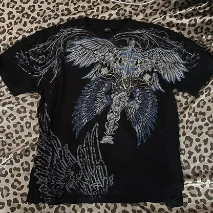 Retro Xtreme Angel Wing Men Yellow Short Sleeves Harajuku High Street American Fashion T-shirt Man Women Summer Tops