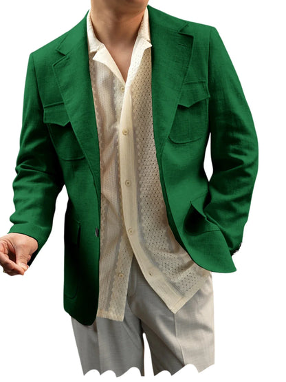 Classic Men's Linen Blazer Notched Lapel Slim Fit Breathable Elastic Suit Jacket with Flap Pockets for Wedding Prom Daily Wear