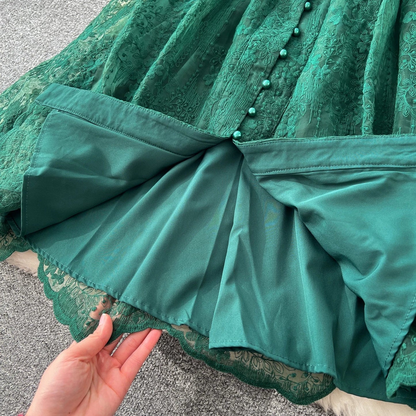 High-End Women's Dress Heavy Embroidery A-Line Long Skirt V-Neck Lantern Sleeve Single Button High Waist Korean Style Commute