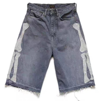 Y2k Retro Harajuku Denim Shorts Women's Washed Patchwork Tassel American Retro Jeans Men's Loose Hip-hop Bone Denim Shorts 2025