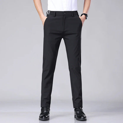 Ultra-thin Elastic Men's Casual Trousers Summer Quick-drying Ice Silk Slim Straight Business Solid Color Trousers Black Gray