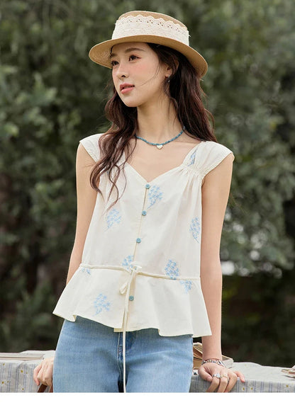 Print French Summer Shirts for Women New 2025 Sleeveless V-neck Blue Flower Cotton Blouses Female Fashion Tops MXE32X1777