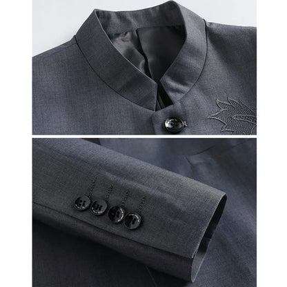 2026 New Men's Stand Collar Long Sleeve Suit Jacket, Asian Size Chinese-Style Slim-Fit Blazer in Dark Blue/Red/Grey/Black/White
