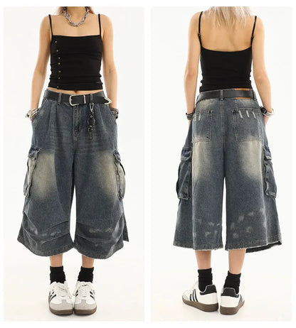 High Waist  Retro Blue Washed Denim Shorts Women's Harajuku Vintage Fashion Casual Loose Y2K Streetwear Wide Leg Cropped Pants