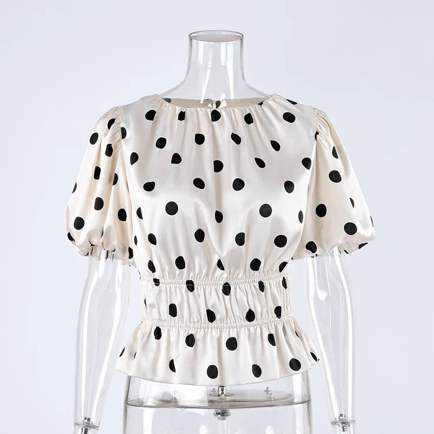 Vintage Polka Dot Puff Sleeve Woman Blouse 2026 Street Chic Ruched O Neck Shirts Female Summer Casual Ruffles Tops Women