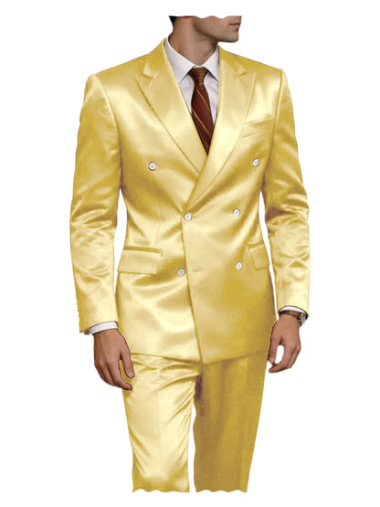 Luxury Men's Shiny Satin 2 Piece Suit Peak Lapel Double Breasted Jacket Pants Elegant Slim Fit Formal Tuxedo for Wedding Party