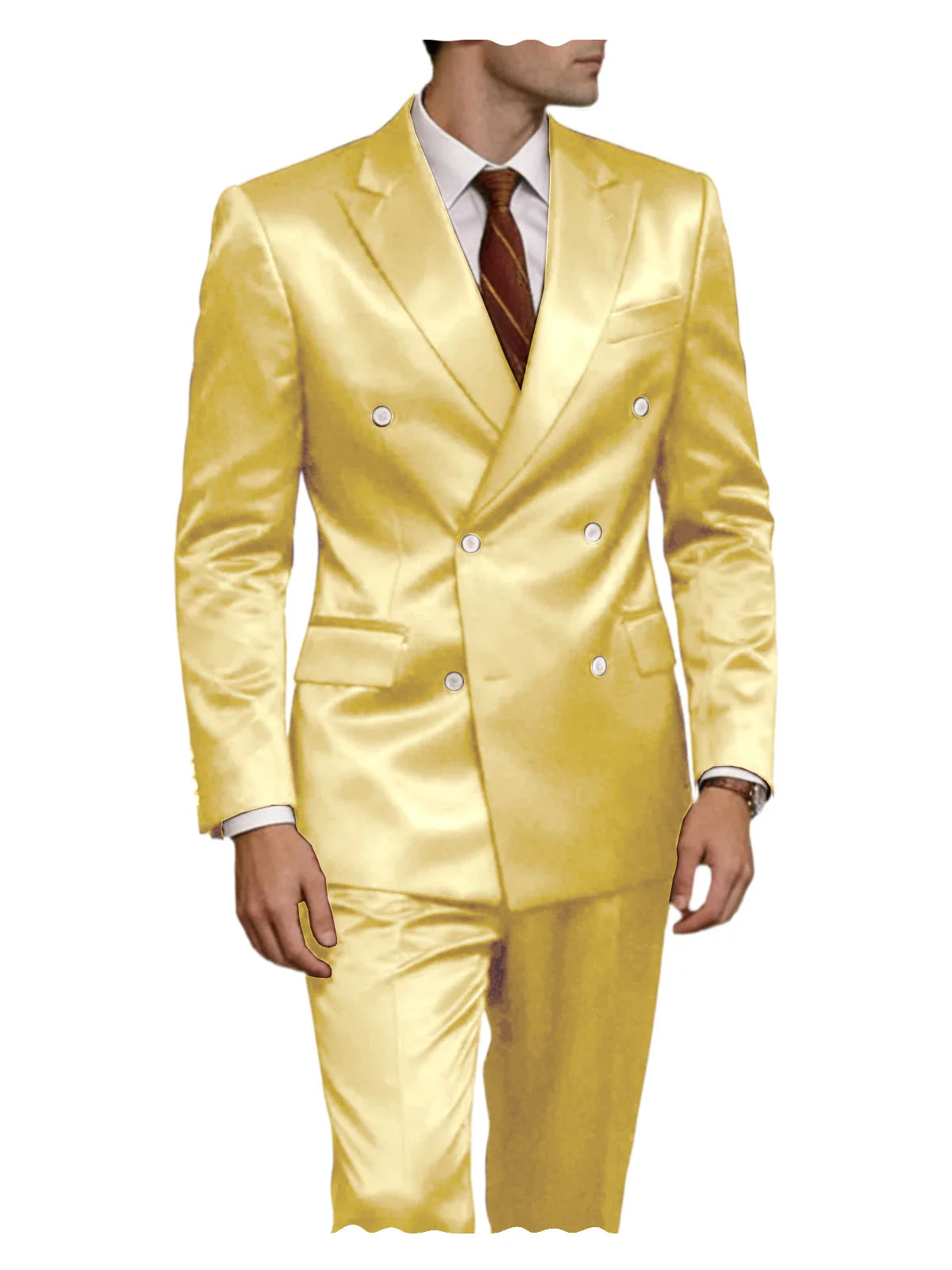 Luxury Men's Shiny Satin 2 Piece Suit Peak Lapel Double Breasted Jacket Pants Elegant Slim Fit Formal Tuxedo for Wedding Party