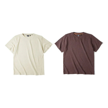 Maden Retro Knit Waffle Short Sleeve T-shirts for Men's Summer Round Neck Loose Fit Casual Tee Basic Solid Color Classic Tops