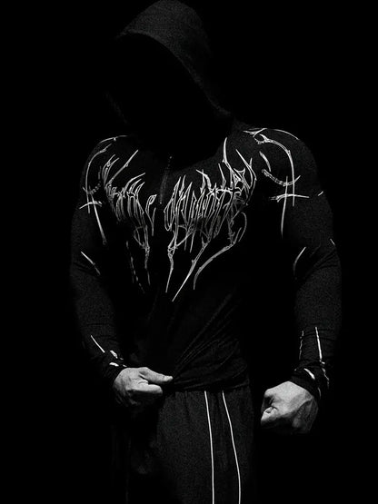 2026 Spring Summer New Men's Black Hooded Sports Compression Long Sleeve Shadow Style Street Subcultural Style