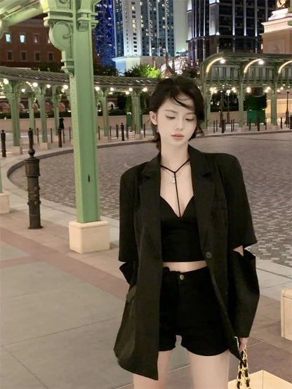 Premium Black Blazer for Women Spring Autumn New Arrival Sexy Backless Chain Accent Oversized Single Button Chic Feminine Design