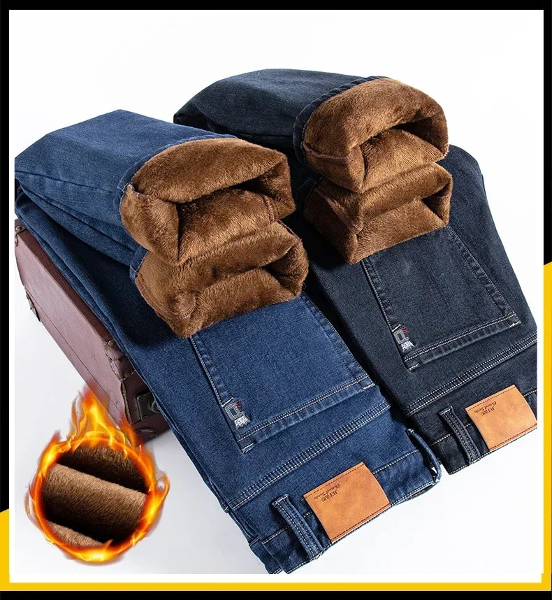 Winter Fleece Men's Casual Jeans Stretch Fashion Cotton Thick Plush Warm Denim Trousers Male Brand Pants Plus Size 42 44 46