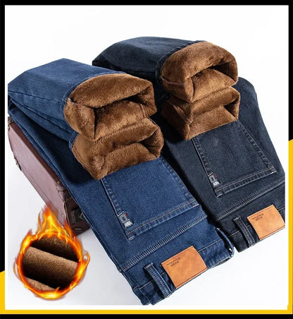 Winter Fleece Men's Casual Jeans Stretch Fashion Cotton Thick Plush Warm Denim Trousers Male Brand Pants Plus Size 42 44 46