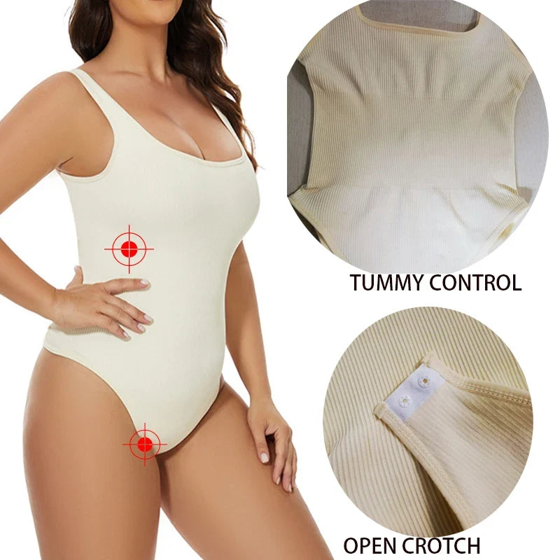 Ribbed Tummy Jumpsuit Daily Shaper Bodysuits Light Control Compress Tummy Control Open Crotch Shapewear Suits Open Crotch