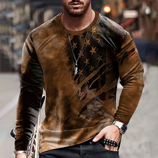 Vintage Men's T Shirt Long Sleeve Fall Tops Broken Flag Pattern 3D Printed War T Shirt Oversized Loose Street Sportswear Xs-7Xl