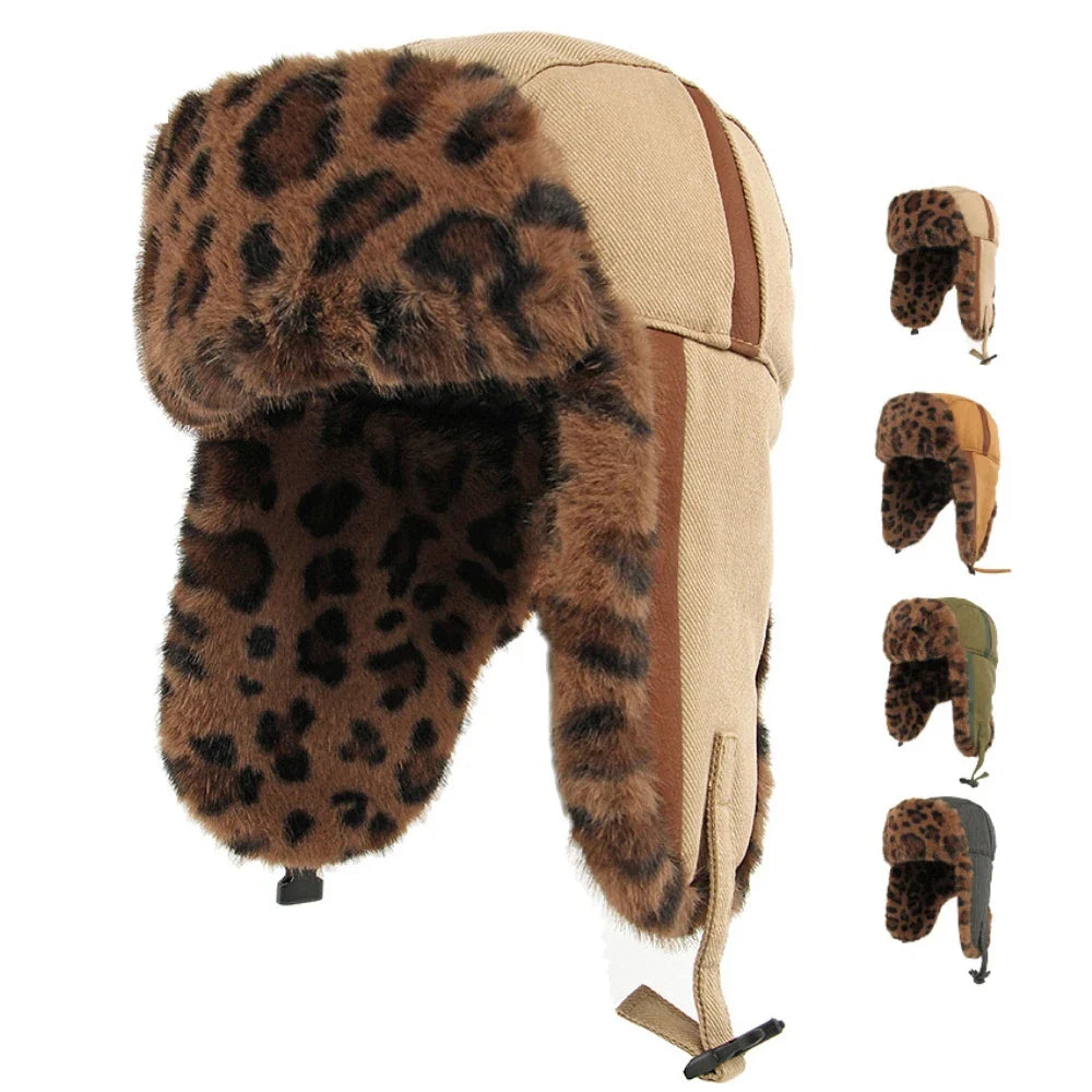 Bomber Hat Men Women Thick Warm Winter Hat Leopard Fur Earflap Cap Male Female Russian Hat Windproof Snow Ski Trapper Cap