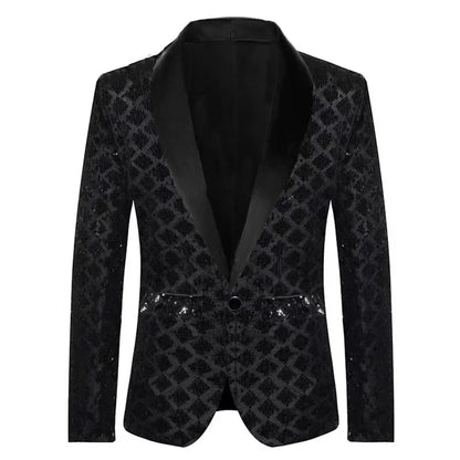 Men's Gold Suit Jacket, Wedding Party Dress Coat, Silver Blue Black Round Metallic Sequin Decoration Blazers.