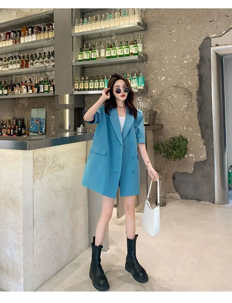 Korean Fashion Loose Thin Blazer Women Spring Autumn New Extra Large Mid Length Short Sleeved Women Coat Casual Outwear