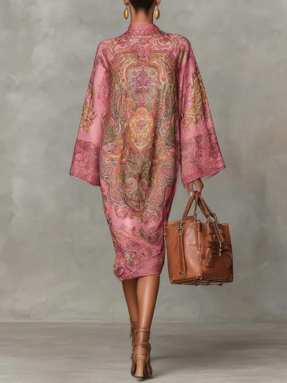 Fashion Print Long Dress Women 2025 Autumn Long Sleeve Loose Half High Collar Maxi Dresses Elegant Robes Femme