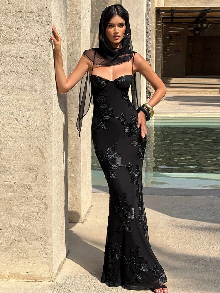 Elegant Flower Embroidery Maxi Dress Women Low-Neck Cross Bandage Backless Summer Street Trend Skinny Holiday Vestidos