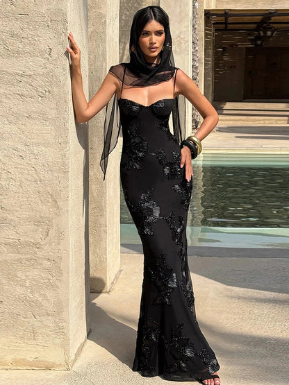 Elegant Flower Embroidery Maxi Dress Women Low-Neck Cross Bandage Backless Summer Street Trend Skinny Holiday Vestidos