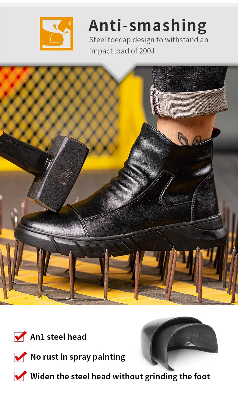 Fashion 2025 Black Leather Safety Work Shoes for Men Indestructible Steel Toe Cap Anti Nail Anti Slip Male Boots Footwear
