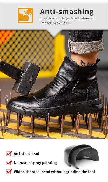 Fashion 2025 Black Leather Safety Work Shoes for Men Indestructible Steel Toe Cap Anti Nail Anti Slip Male Boots Footwear