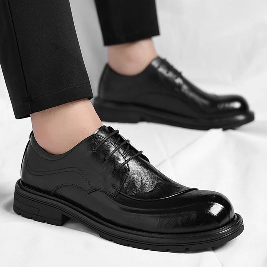 Brown Burnished Genuine Leather Lace Up Chunky Sole Formal Business Office Groom Wedding Daily Wear Shoes Fashion Comfortable