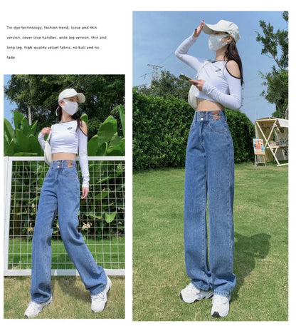 Y2K Woman Jeans High Waist Wide Leg Cotton Denim Clothing Blue White Streetwear Vintage Fashion Harajuku Straight Pants