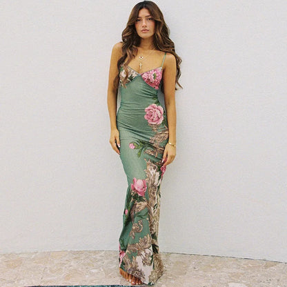 Floral Print Summer Green Dress Womens Fashion Casual Sleeveless V-neck Backless Tunics Bodycon Holiday Beach Dresses Streetwear