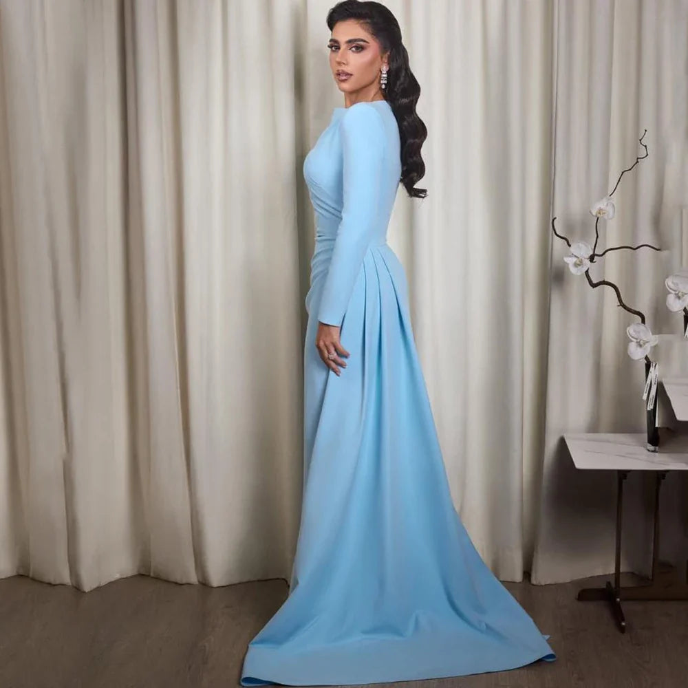 Sky Blue Jersey Evening Dress Simple Scoop Neck Long Sleeves Mermaid Floor Length Women Pleat Customized Gowns