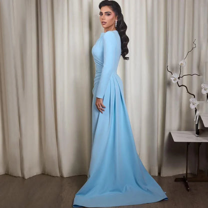 Sky Blue Jersey Evening Dress Simple Scoop Neck Long Sleeves Mermaid Floor Length Women Pleat Customized Gowns