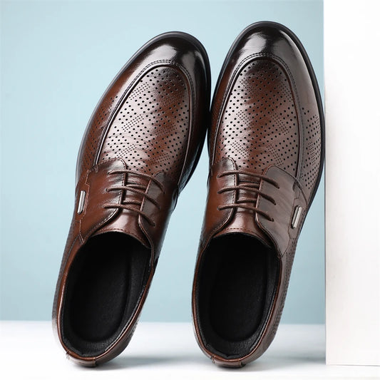 Men's Summer Breathable Leather Shoes Comfortable Soft Bottom Hollow Design Business Formal Derby Shoes British Style-SJ551-1
