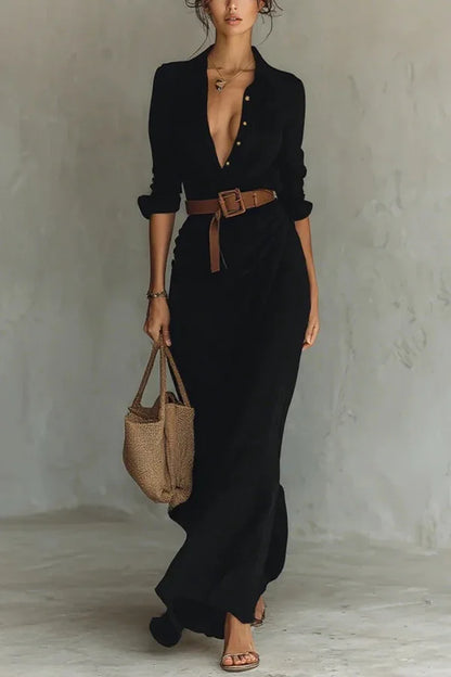 Women's Fashion Solid Holiday Party Dress Elegant Lapel Button Draped Long Dress Casual Long Sleeve Match With Belt Shirt Dress