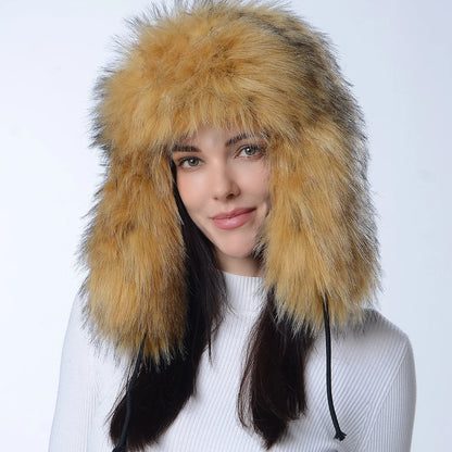 Plush Raccoon Fur Hat Women Thicken Faux Fur Earflap Hat Winter Warm Russian Ushanka Hats Windproof Furry Bomber Cap