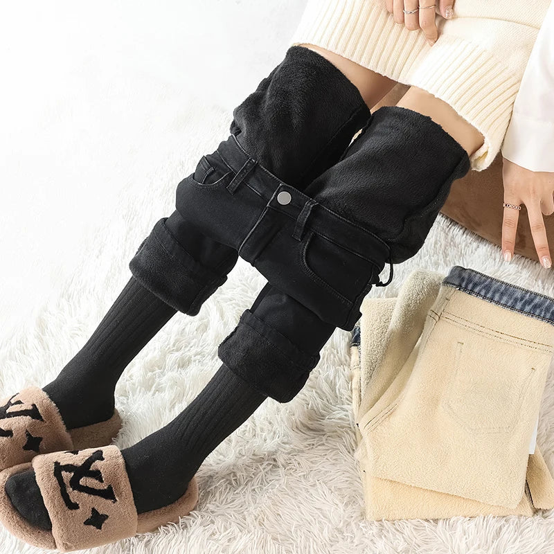 Winter Warm Jeans Women's Thickened Soft Comfortable Elastic Denim Pants Fashion Korean Straight Female Velvet Warm Clothing